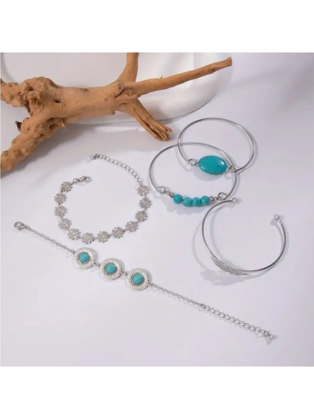 Turquoise and Silver Bohemian Bracelet Set - Picture 2 of 2